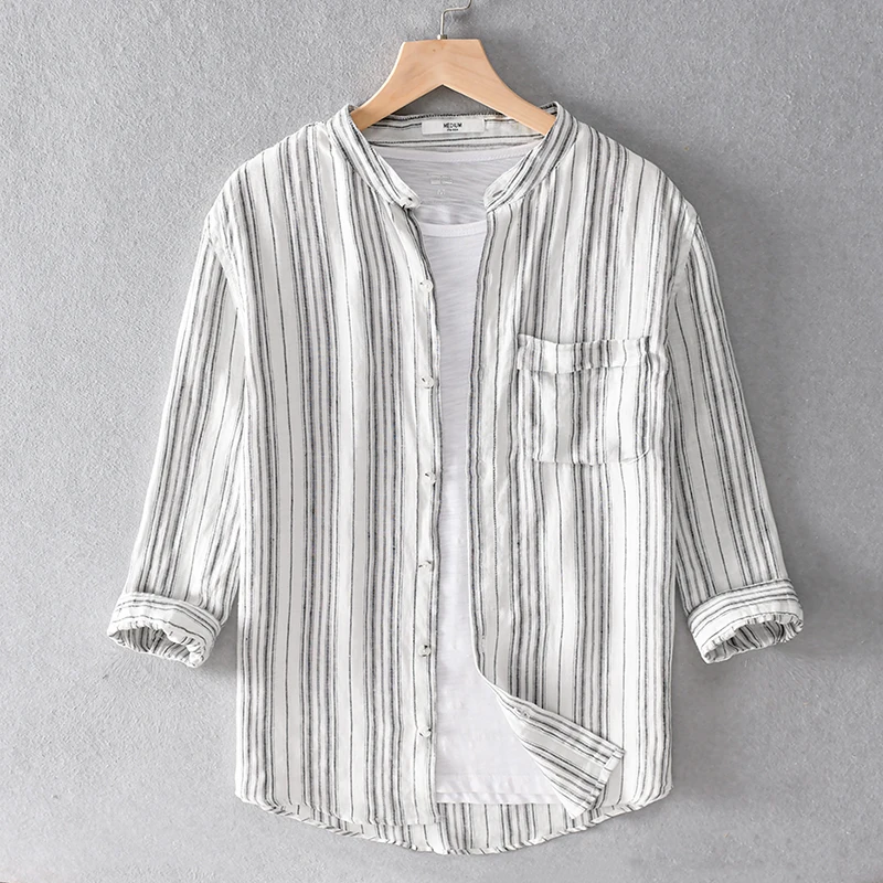 

Рубашка Мужская льняная с воротником-стойкой, дизайнерская Повседневная сорочка с рукавом три четверти, свободная в полоску, модная сорочк...