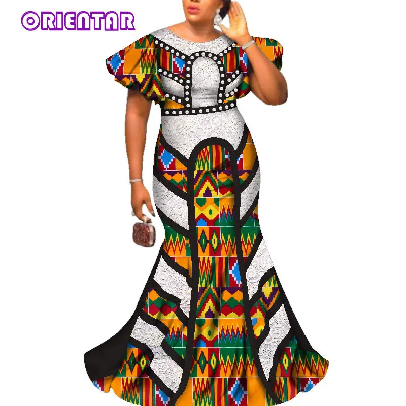 Elegant Lady African Print Maxi Dresses Women Bazin Riche Lace O-neck Dashiki African Traditional Dress Robe Africaine WY2586