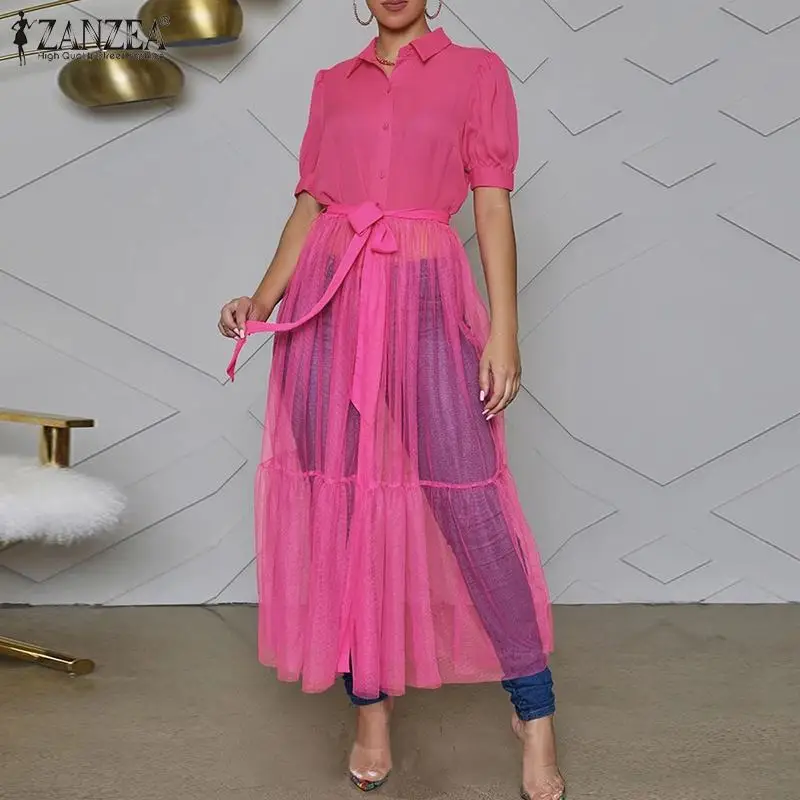 

Женская элегантная однотонная Туника на шнуровке ZANZEA 2021 летние пикантные топы с пышными рукавами модная прозрачная рубашка