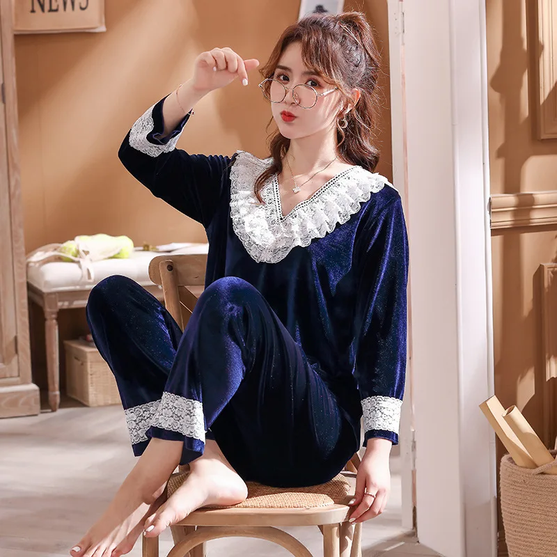 

2PCs Full Sleeve Velour Nightwear Lingerie Suit Winter Velvet Pajamas Set for Women Soft Keep Warm Sexy Sleepwear