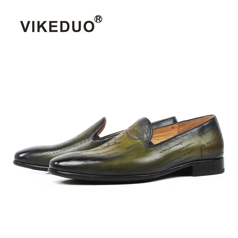 

VIKEDUO Hand Made Men Genuine Leather Casual Wedding Office Mans Footwear Patina Luxury Loafers Shoes