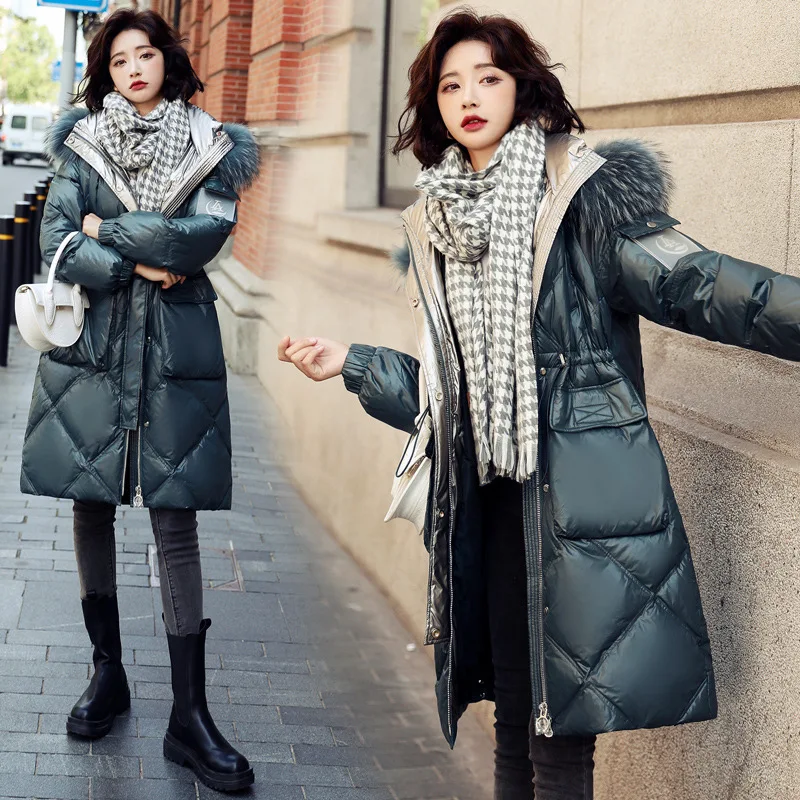 LUZUZI/Зимний Большой пуховик с капюшоном из натурального меха енота женский теплый