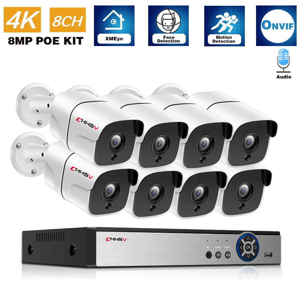 Система видеонаблюдения H.265, 8 каналов, POE, наружная водонепроницаемая IP-камера с ночным видением и звуком, 4K, 16 каналов
