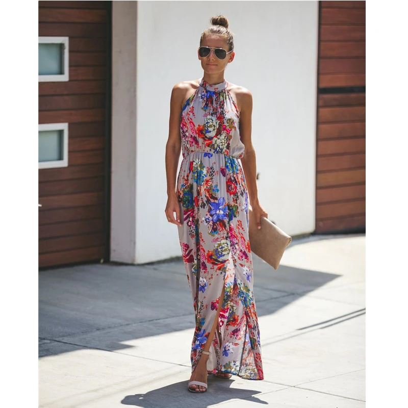 

2020 New Summer Women Collar Sexy Style Backless Dress Printed Women Sleeveless Long Dress