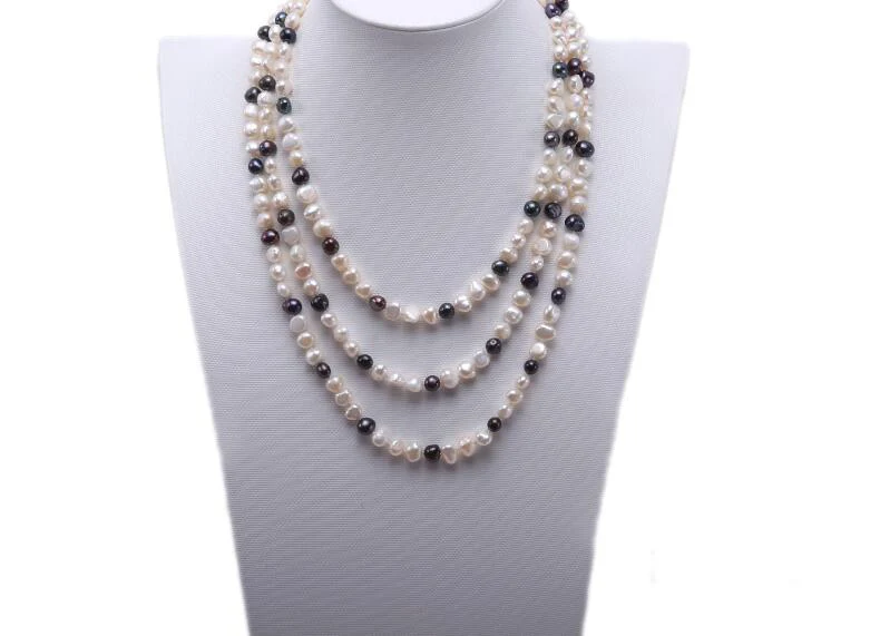 

3 strands 7mm bright white black colors baroque flat pearl necklace natural freshwater pearl Woman Jewelry 35cm 14'' 43cm 17''