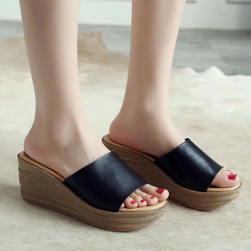 

2021 Fashion Leather Women's Sandals Non-slip Increase Wedge Sandals Slip on Casual Walking Shoes Ladies Sandalias De Mujer