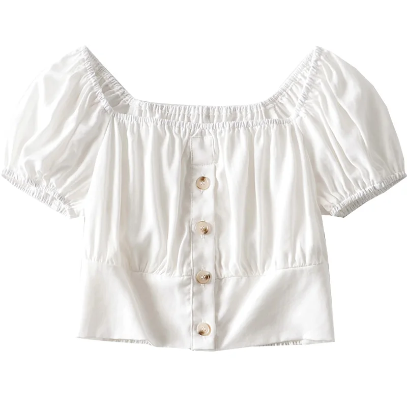 

French Retro Summer New Women's Short Square Collar Top Court Style Button Decoration Puff Sleeve Short Sleeve Shirt for Women