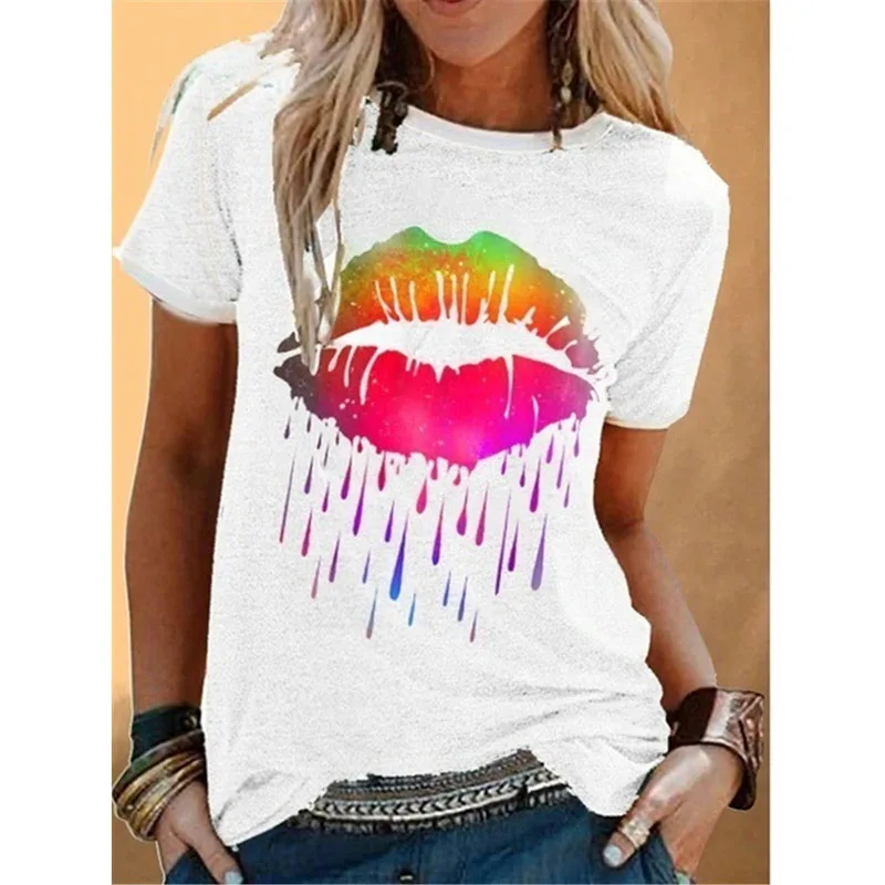 

Fashion Women's Lip Printed Pullover Tops Round Neck Short Sleeve Cotton Plus Size Ladies Colorful Lip Rain Summer T-Shirts