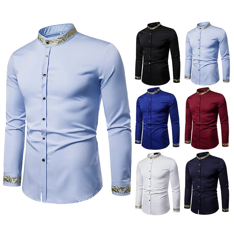 Mens Shirts Long Sleeve Slim Fit Embroidery Pattern Button Down Stand Collar Tops S-2XL