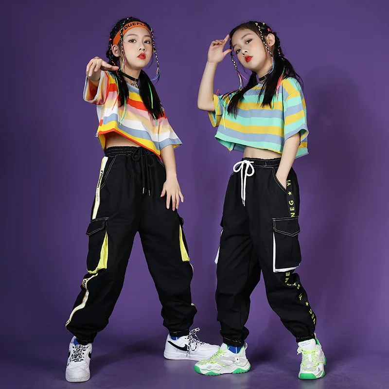 Детская классная одежда в стиле хип хоп укороченный топ полоску футболка черная