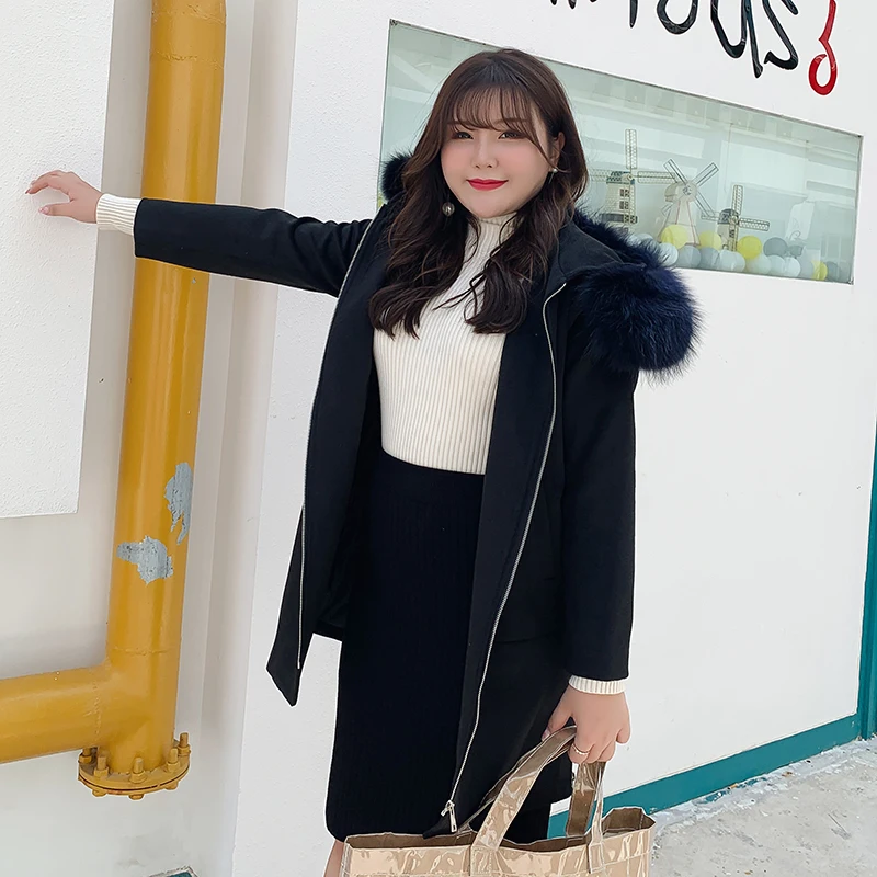 Женское шерстяное пальто длинное в европейском стиле с меховым воротником