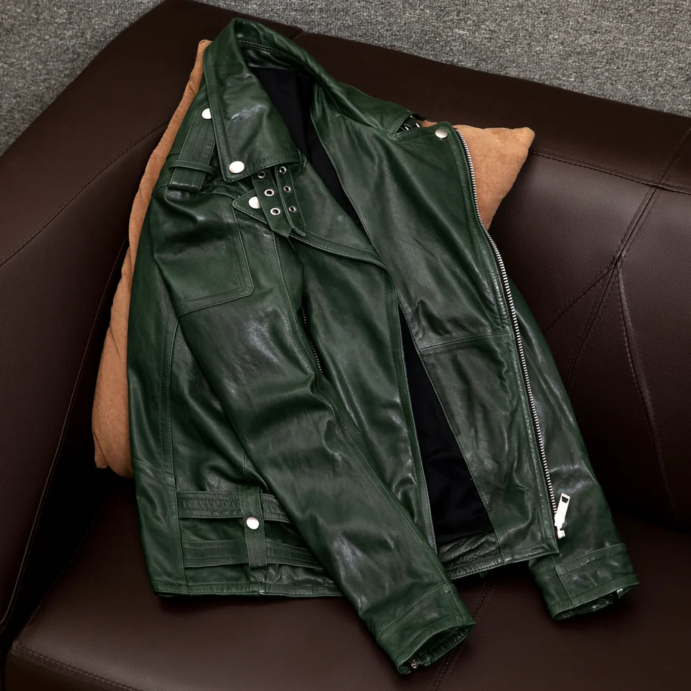 Italy 2021 mens genuine sheepskin motor overcoat male spring autumn fall short jacket green plus big oversize xxxxl 2xl 3xl 4xl | Мужская