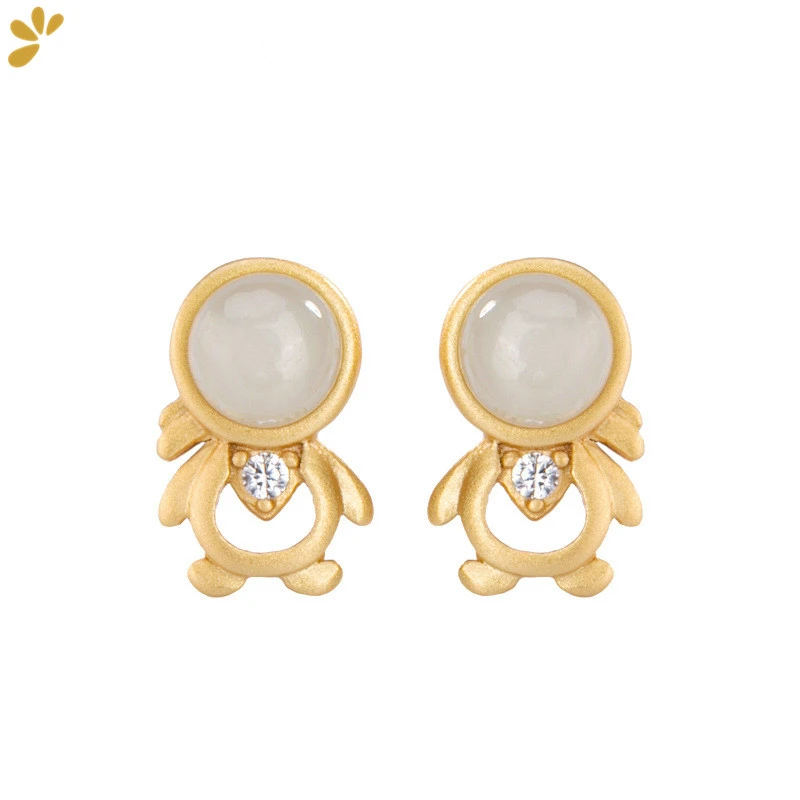

925 Sterling Silver Gold Plated White Green Jade Stud Earrings Cute Doll Natural Stone Earrings Fine Jewelry Girl 2020 Summer