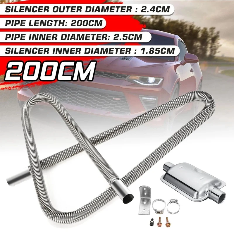 

200cm Stainless Exhaust Muffler -Silencer Clamps Bracket Gas Vent Hose Portable Pipe -Silence for Air Diesels Car Heater