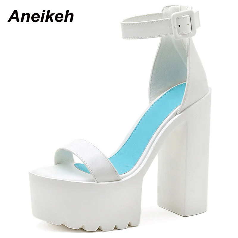 

Aneikeh 2021 Summer Concise Lace-Up Women's Sandals Sexy PU Square Heels Cross-Tied Rome Party Ankle Strap Sandalias Size 34-40