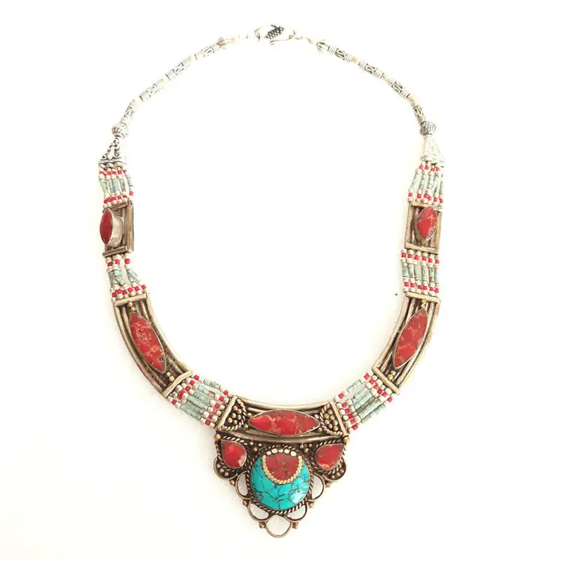 Непальское индийское медное инкрустированное цветное каменное ожерелье