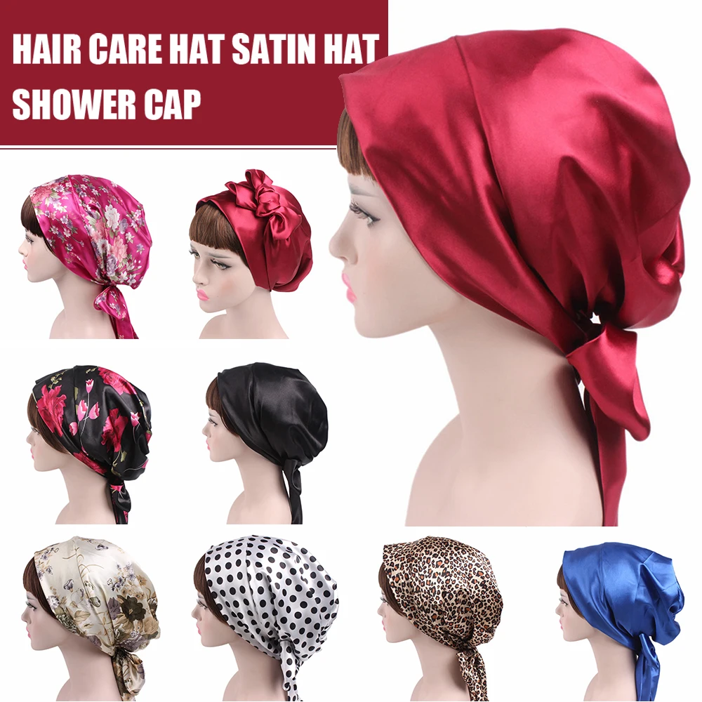 

1pc Soft Silk Women Night Sleep Shower Cap Adjustable Ladies Long Hair Care Bonnet Headwrap Hat Soft Satin Hat Accessories 58cm