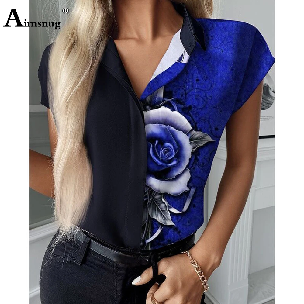 Plus Size 4xl 5xl Women Patchwork Shirt Classic Rose Print Blouse Short Sleeve Basic Tops Femme 2021 Summer Loose Shirt Clothing