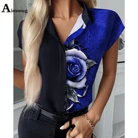 plus size 4xl 5xl women patchwork shirt classic rose print blouse short sleeve basic tops femme 2021 summer loose shirt clothing