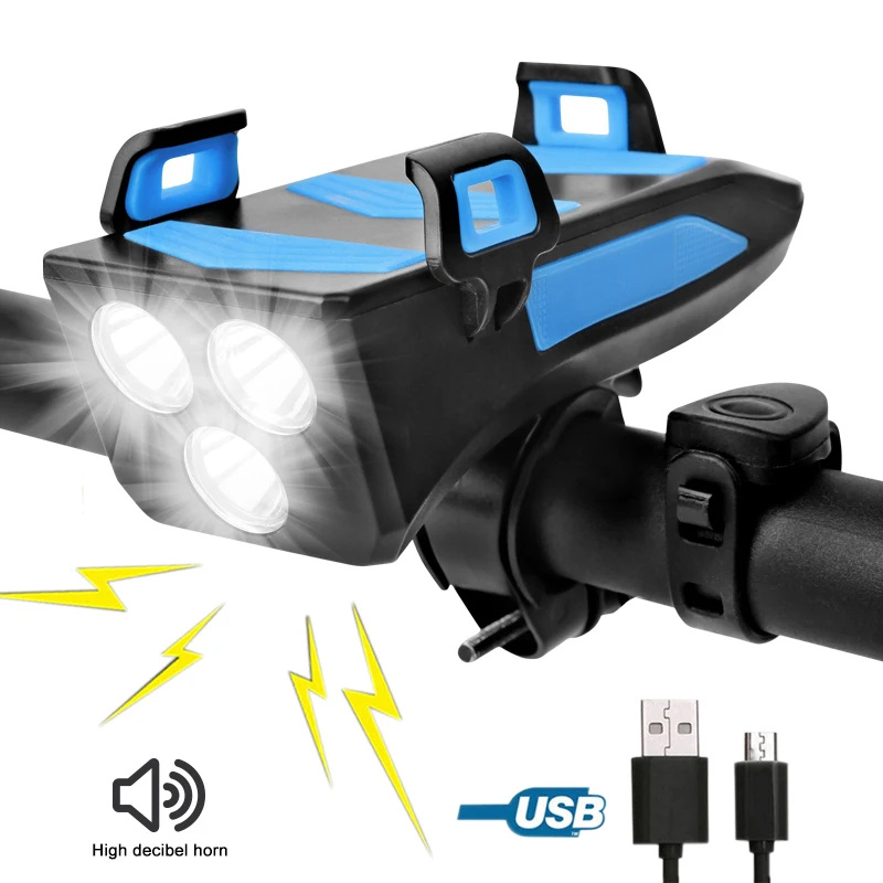 

Waterproof USB Bike Light 4 in 1 Rechargeable Cycling Front Headlight 3 LED light with Bike Horn and Phone Holder Function
