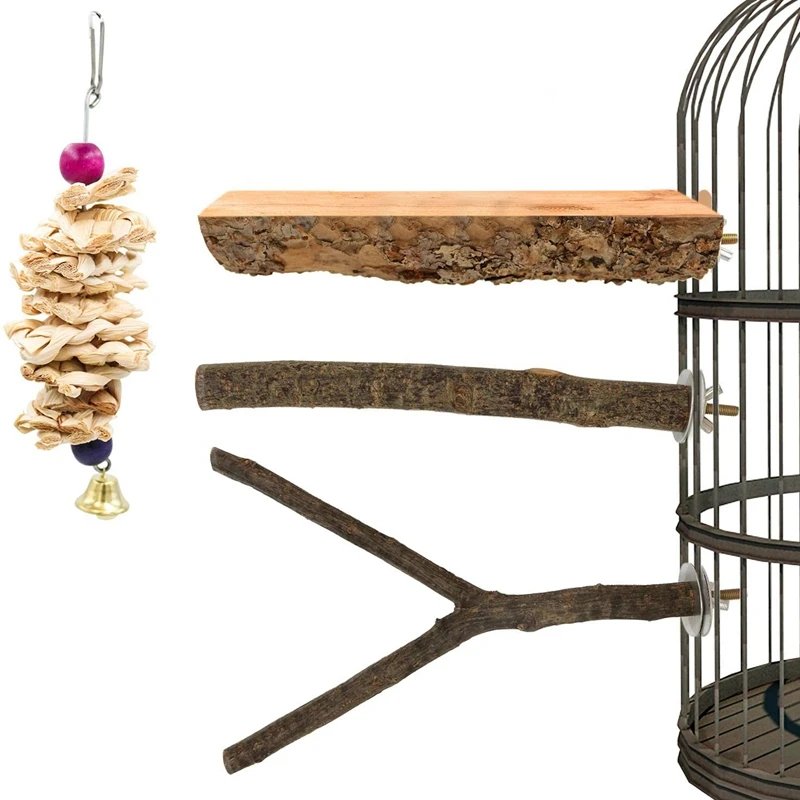 

4 Pack Wood Bird Perch for Cage, Natural Wooden Parrot Perch Stand Platform Exercise Climbing Claw Grinding Toy
