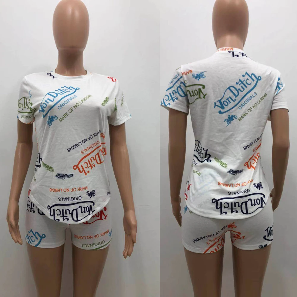 

New 2021 Women Sweatsuit Short Sleeve T Shirt Graffiti Two Piece Tracksuit 2 Piece Biker Shorts Set Von Dutch Outfit Cotton