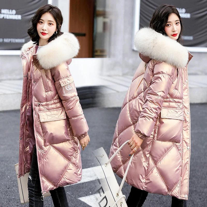 

Женский пуховик средней длины из хлопка, Новая корейская модная блестящая Толстая теплая куртка выше колена с золотой пленкой, 2021