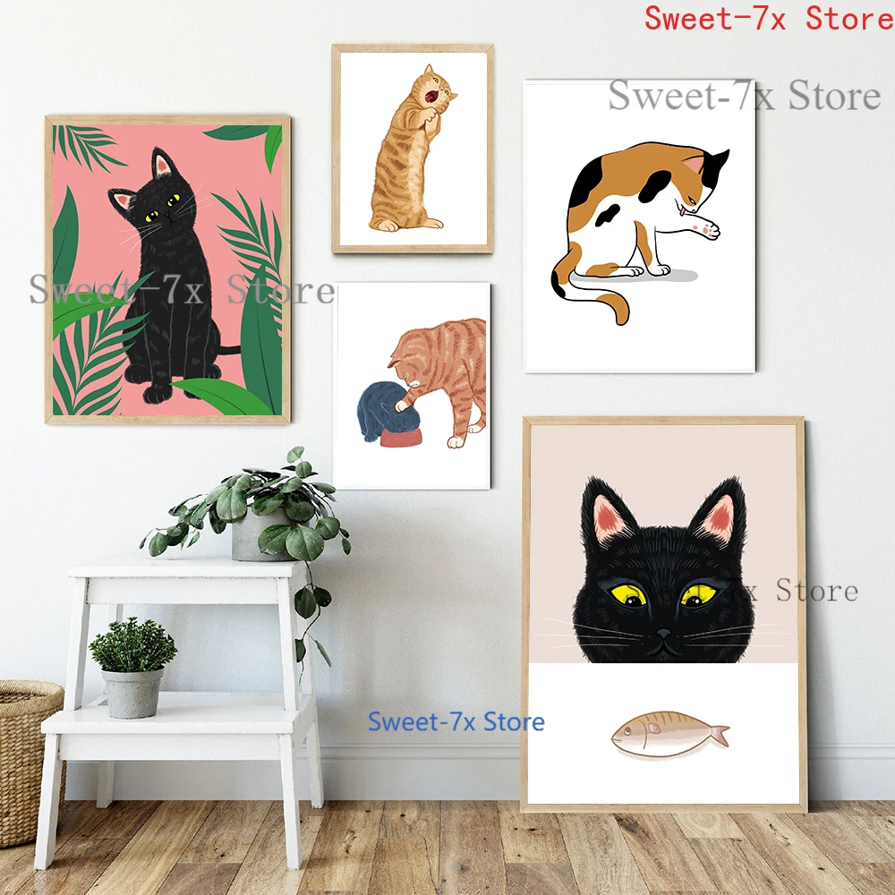 

Black Funny Animal Cat Cartoon Canvas Painting Art Nordic Posters and Prints Wall Pictures for Living Room Decoration Frameless