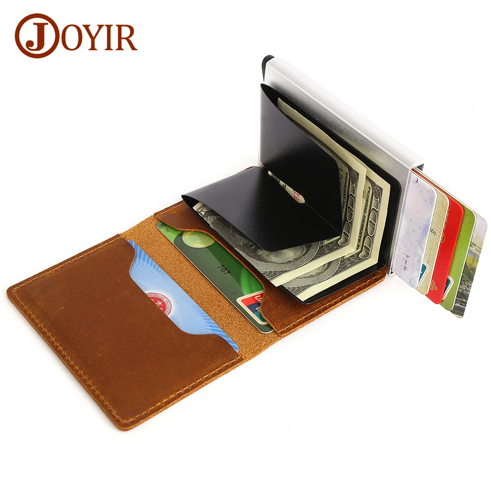 JOYIR Card Holder Wallet RFID Men Vintage Crazy Horse Leather Business Bank Credit Card Minimalist Wallet Aluminum Box Unisex