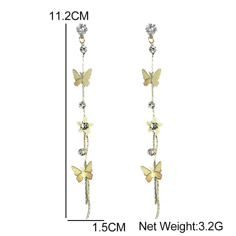 

New Korean Flowers Crystal Tassel Dangle Earrings for Women Fashion Gold Color Butterfly Earrings Wedding Jewelry Party Gift