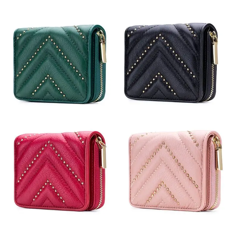 

Leather Rivet Wallet for Women Small Credit Card Holder Zipper Coin Bag Mini Purse M6CC