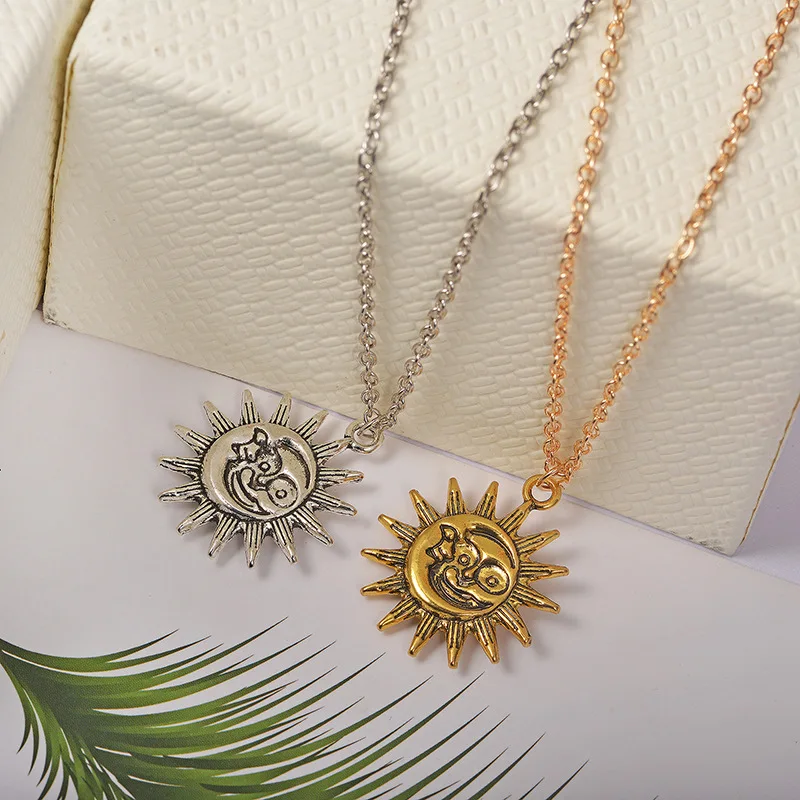 Crescent Moon and Sun Pendants Necklaces Women Chain Choker Star Charm Gold Color Disc Coin Necklace Birthday Gifts | Украшения и