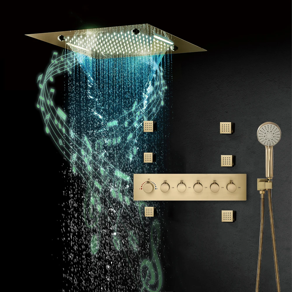 Villa Brushed Gold 20 Inch Rain Shower Panel Bluetooth Music 5 Functions System Thermostatic LED Ceiling Bathroom Faucets | Обустройство