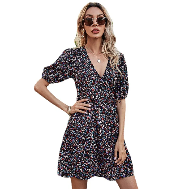 

Spring and Summer New V-neck Holiday Style Printing Short Sleeve Slim Chiffon Ladies Dress