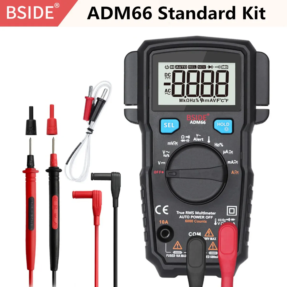 

BSIDE Digital Multimeter ADM66 True RMS Auto Range TRMS Mini 6000 DMM Dual Slot Capacitance ohm Hz Temp NCV Diode Pocket Tester