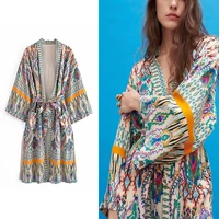 za summer women kimono jacket 2021 new deep v neck lace up elegant causal floral printed soft split on both sides chic coat