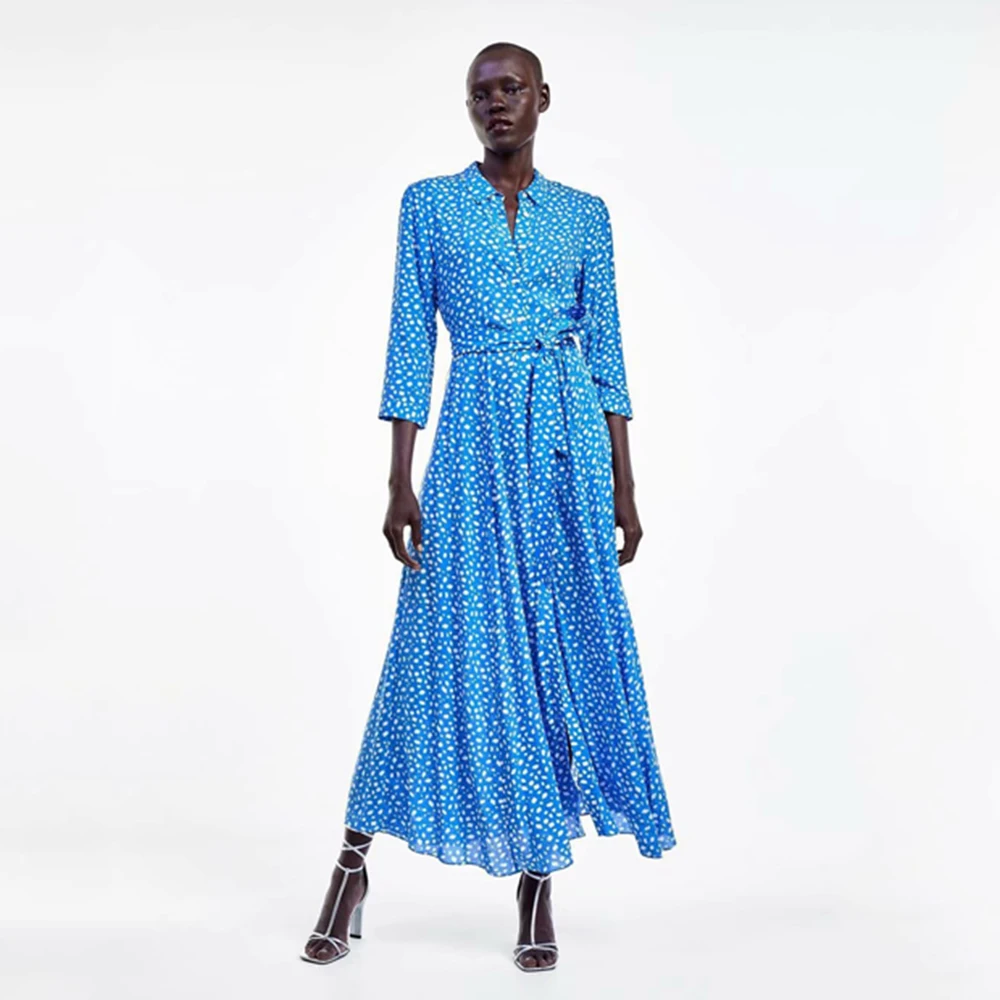 2019 ZA осеннее Новое синее леопардовое платье в английском стиле с поясом длинный