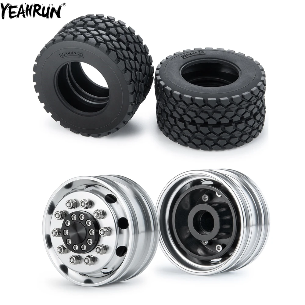 

YEAHRUN 2Pcs Metal Beadlock Front Wheel Hub Rims with Rubber Tires Set For 1/14 Tamiya Trailer Tractor RC Truck Car Parts