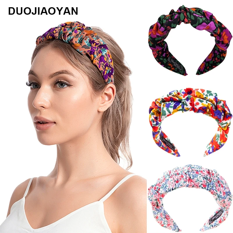 

DUOJIAOYAN Spring Floral Print Pleated Headband For Women Girls Wide Hair Hoop Fashion Flower Hair Accessories