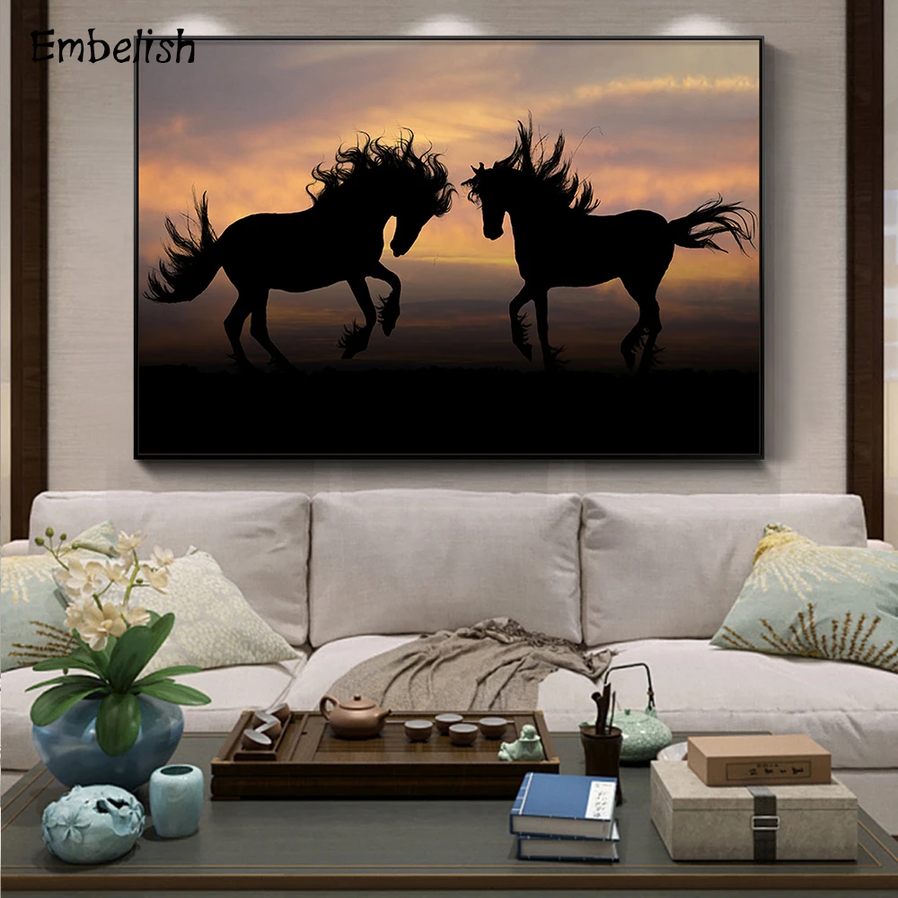 

1 Pieces Couple Horse In Sunset Landscape Wall Art Pictures For Living Room Modern Home Decor Posters HD Canvas Oil Paintings