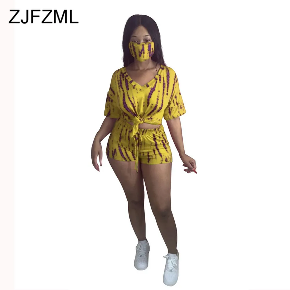 Неоново зеленая желтая Женский комплект 2 шт. с принтом в виде галстука и глубоким