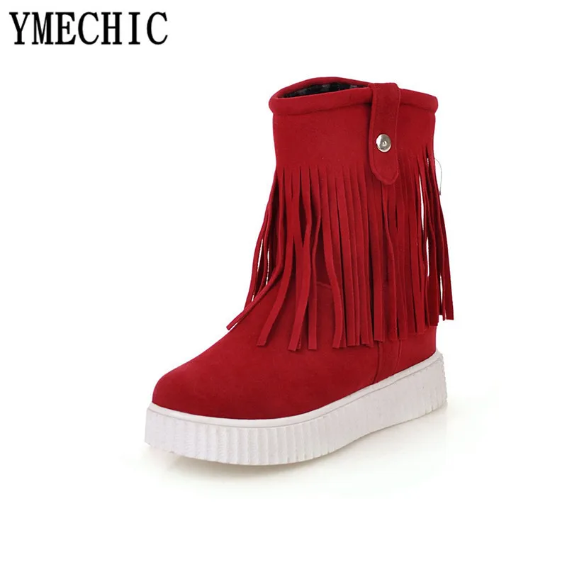 Женские ботинки из нубука и искусственной кожи с бахромой на платформе Зимние
