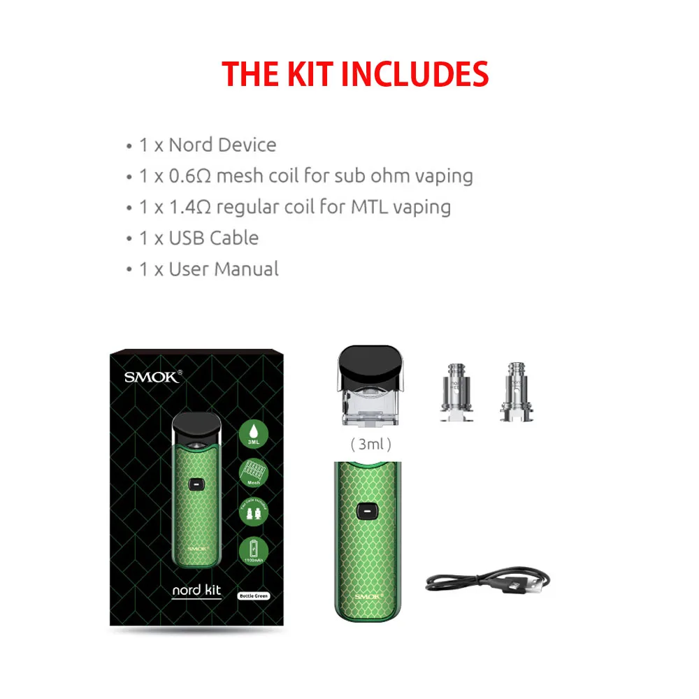 Аутентичный Smok Nord Pod vape комплект с батареей 1100 мАч 3 мл картридж сетка спиральная