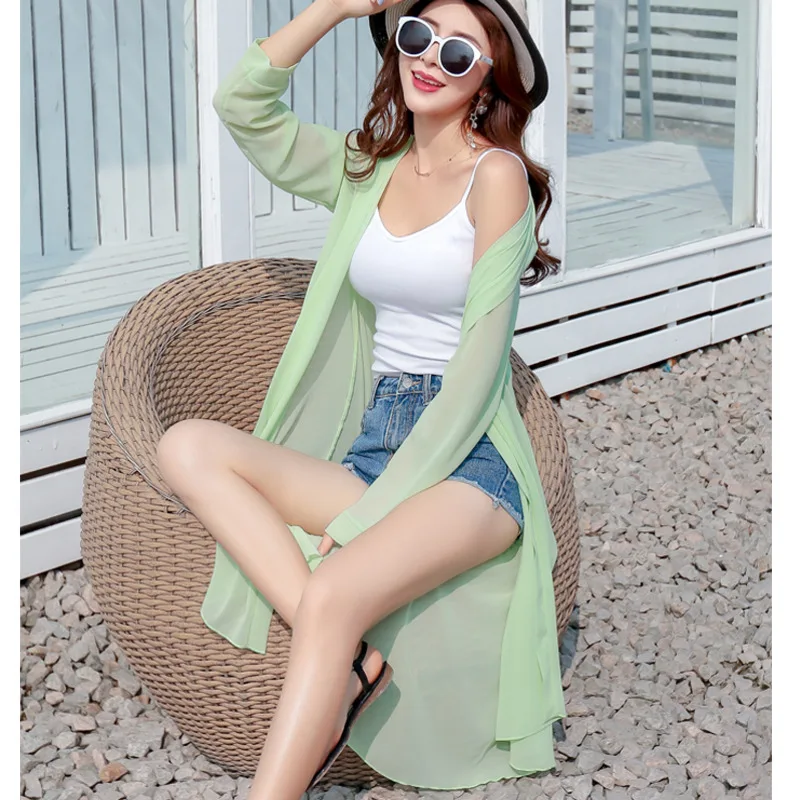 

#3566 Chiffon Kimono Jacket Women Long Cardigan Perspective Long Kimono Coats Ladies Sexy Sunscreen Jacket Black White Blue Pink