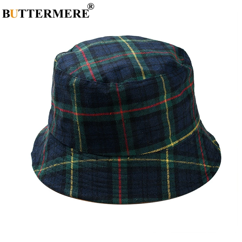 BUTTERMERE Reversible Bucket Hat Women Yellow Plaid Folding Fishing Hat Men Cotton Casual Female Colored Spring Male Bob Hats