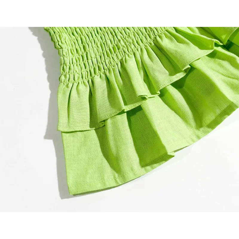

2021 New Spring Women Dress Solid Pleated Bow Short Sleeve Square Collar Above Knee Dresses Female Fashion Casual Women Clothes