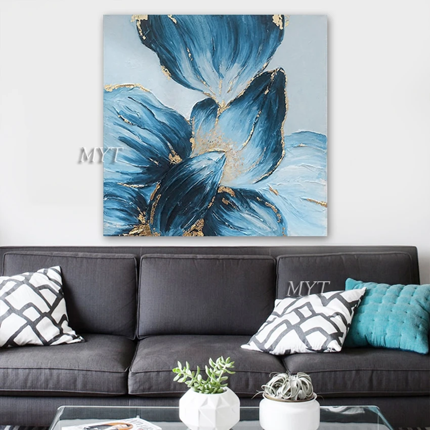 100% ручная роспись Золотая фольга текстурированный цветок картина маслом холст
