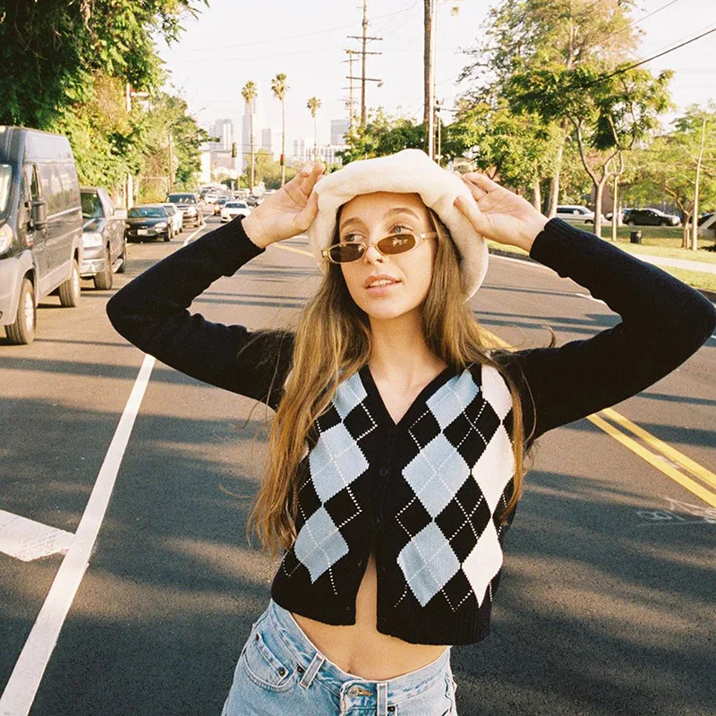 

Women Cardigan Knit Sweater Vintage Geometric Pattern V-Neck Cardigan Casual Slim Crop Top Long Sleeve Outerwear