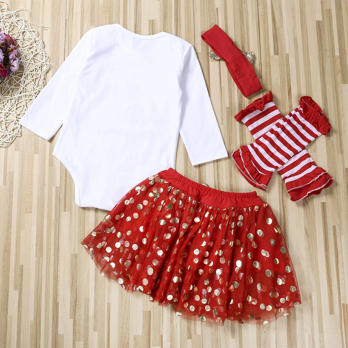 

4pcs Xmas Baby Clothes Sets Newborn Girl My 1st Christmas Romper +Tutu Skirts+ Leg Warmers Outfits Costume