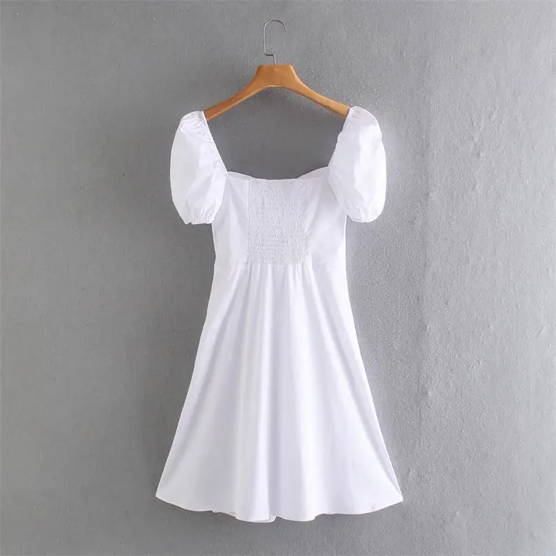 

2021 New Arrival Summer Women Folds Dress Puff Short Sleeve Casual Party Vestido Elegant Square Collar A-Line Girls Outfits